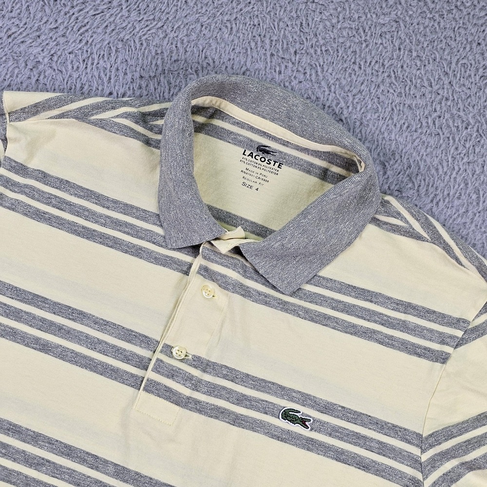 Lacoste Polo Shirt Mens Medium Yellow Gray Striped Regular Fit Cotton Logo